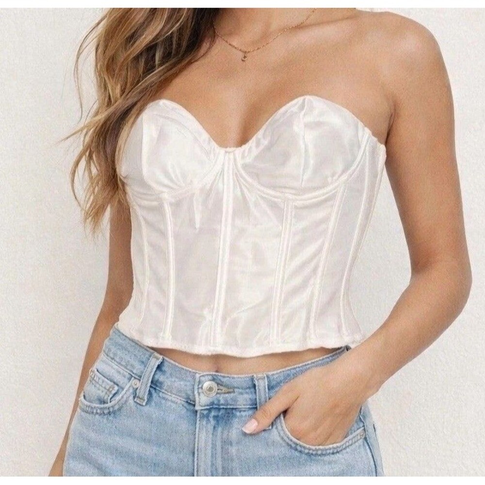 White Satin Corset Top Womens Strapless Bustier Boned Y2K Dominique Medium Bra
